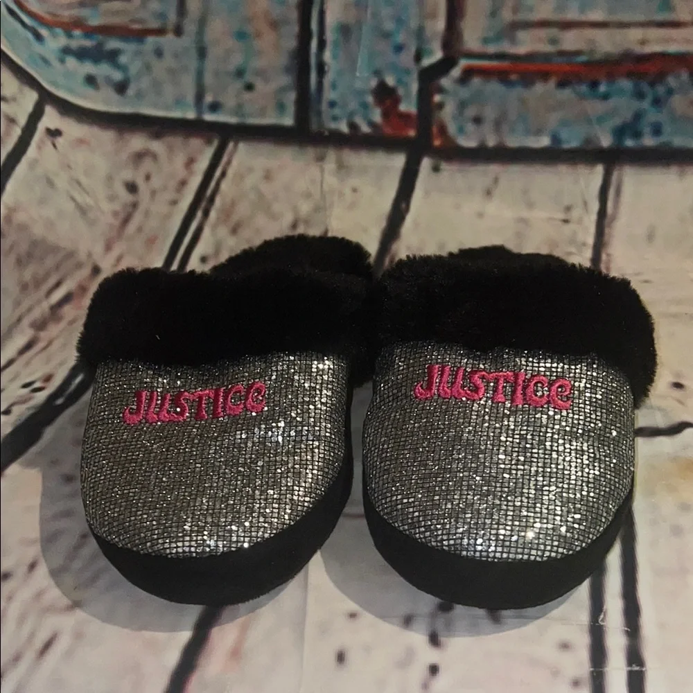 Justice Kids Black & Silver Sparkle Slip-On Slippers